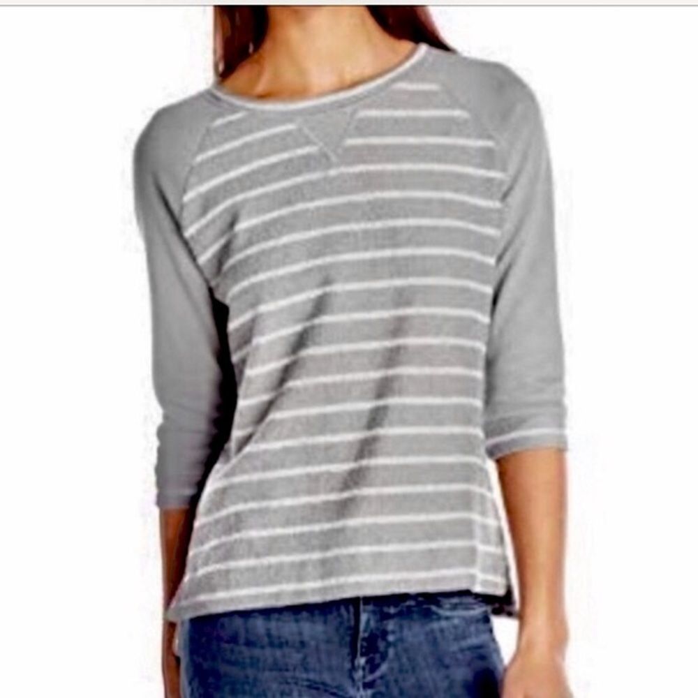 NYDJ Grey White Striped 3/4 Sleeve Sweatshirt NWT